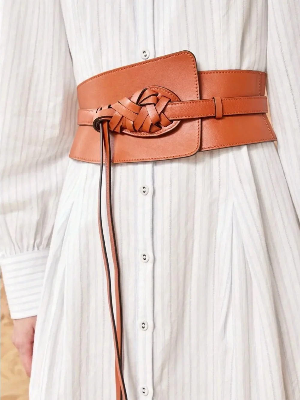 Ulla Johnson Cognac Leather Braided Tie Waist Belt